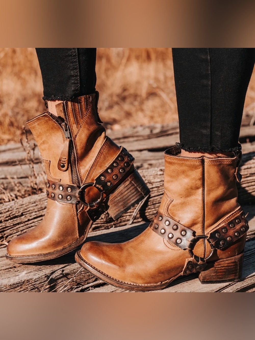Freebird by Steven RAMONE Studded Leather Harness Ankle Boots Tan Beige Size 9